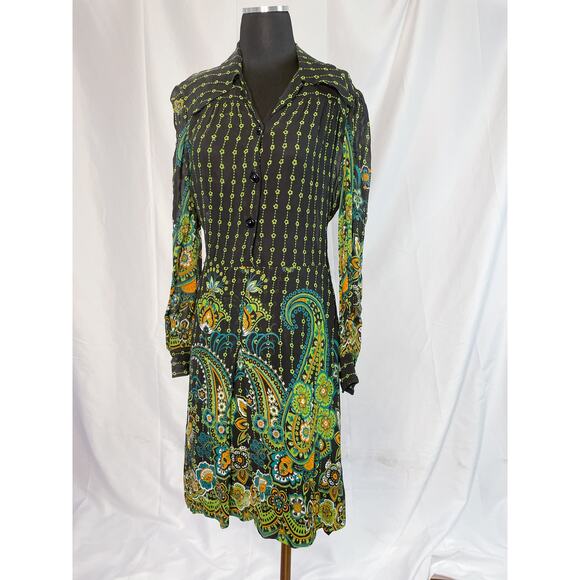 Vintage 70s Psychedelic Paisley Shirt Dress – Black, Green, Floral, M - Picture 9 of 16